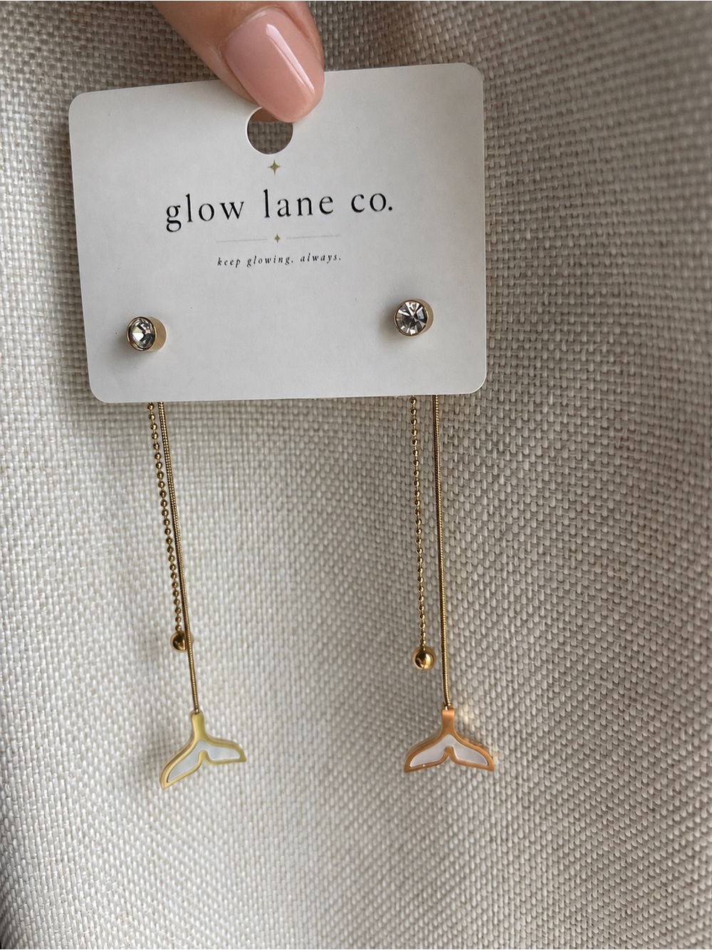 18K Gold Plated Stainless Steel Whale Tail Long Drop Earrings - Picture 4 of 4